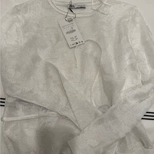 Zara Mesh-Style Floral  White Long Sleeve Top with belt